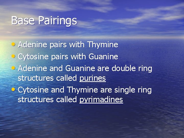 Base Pairings • Adenine pairs with Thymine • Cytosine pairs with Guanine • Adenine