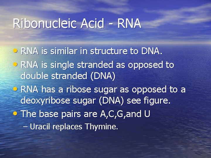 Ribonucleic Acid - RNA • RNA is similar in structure to DNA. • RNA