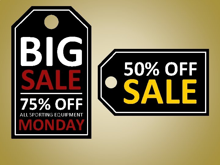 BIG SALE 75% OFF ALL SPORTING EQUIPMENT MONDAY 50% OFF SALE 