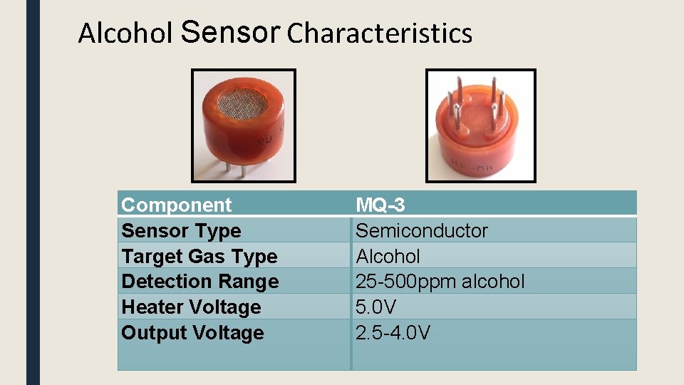 Alcohol Sensor Characteristics Component Sensor Type Target Gas Type Detection Range Heater Voltage Output