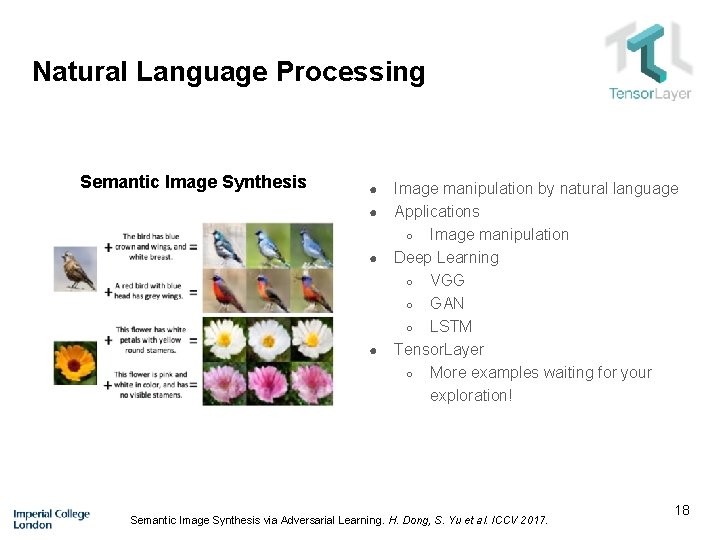 Natural Language Processing Semantic Image Synthesis ● ● Image manipulation by natural language Applications
