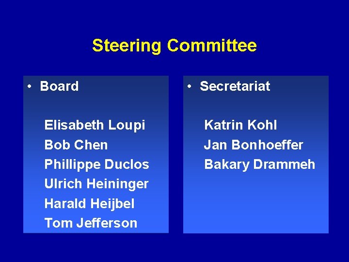 Steering Committee • Board Elisabeth Loupi Bob Chen Phillippe Duclos Ulrich Heininger Harald Heijbel