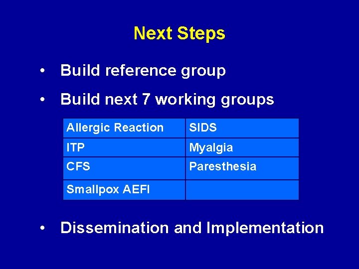 Next Steps • Build reference group • Build next 7 working groups Allergic Reaction