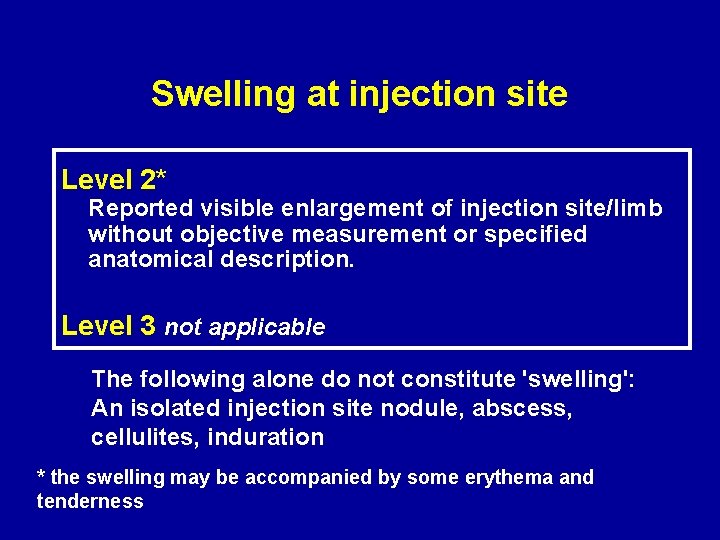 Swelling at injection site Level 2* Reported visible enlargement of injection site/limb without objective