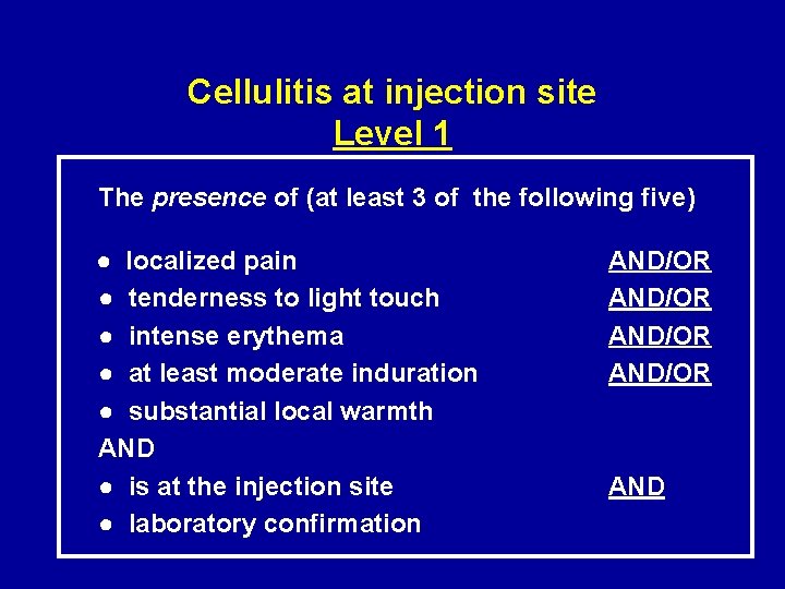 Cellulitis at injection site Level 1 The presence of (at least 3 of the