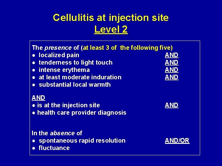 Cellulitis at injection site Level 2 The presence of (at least 3 of the