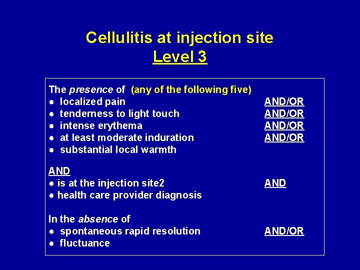 Cellulitis at injection site Level 3 The presence of (any of the following five)
