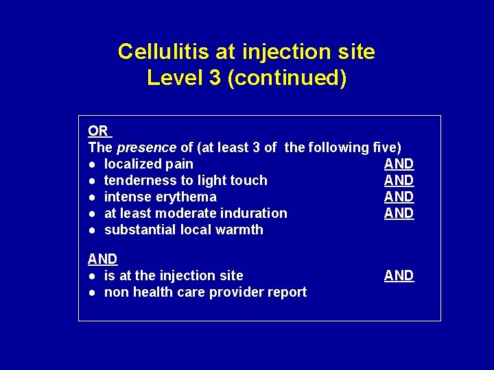 Cellulitis at injection site Level 3 (continued) OR The presence of (at least 3