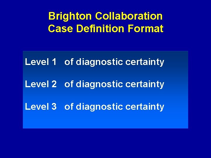 Brighton Collaboration Case Definition Format Level 1 of diagnostic certainty Level 2 of diagnostic