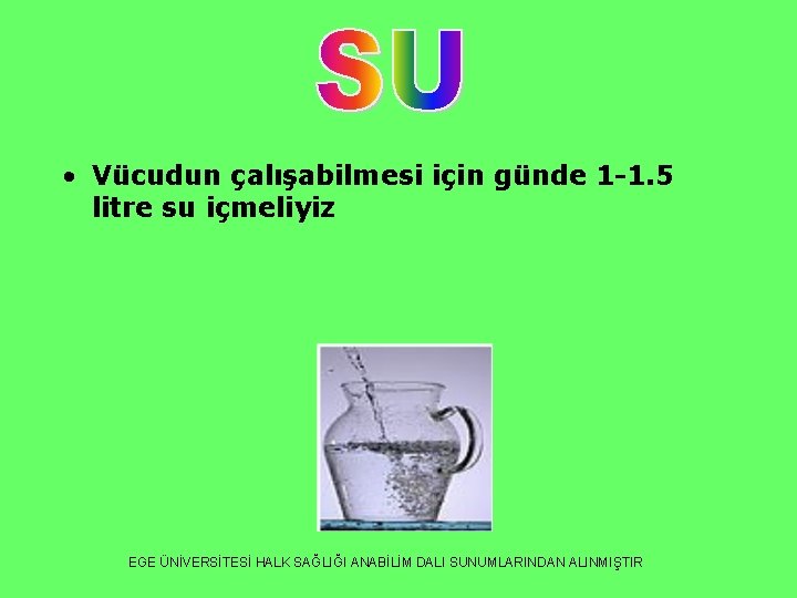  • Vücudun çalışabilmesi için günde 1 -1. 5 litre su içmeliyiz EGE ÜNİVERSİTESİ