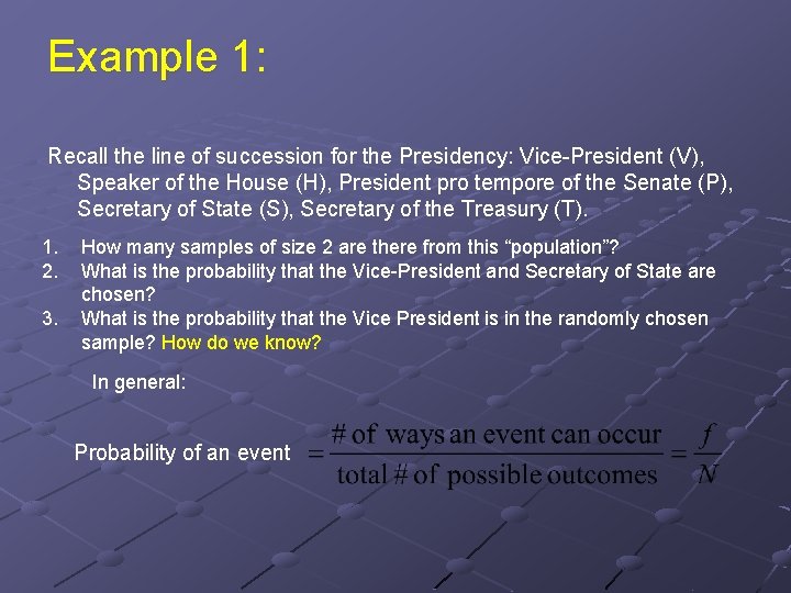 Example 1: Recall the line of succession for the Presidency: Vice-President (V), Speaker of