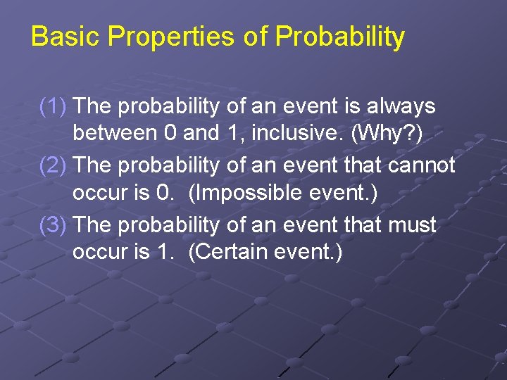 Basic Properties of Probability (1) The probability of an event is always between 0