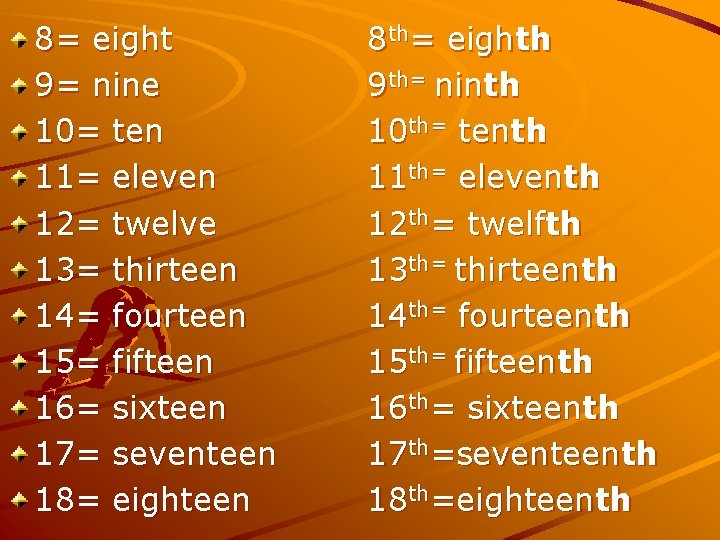 8= eight 9= nine 10= ten 11= eleven 12= twelve 13= thirteen 14= fourteen