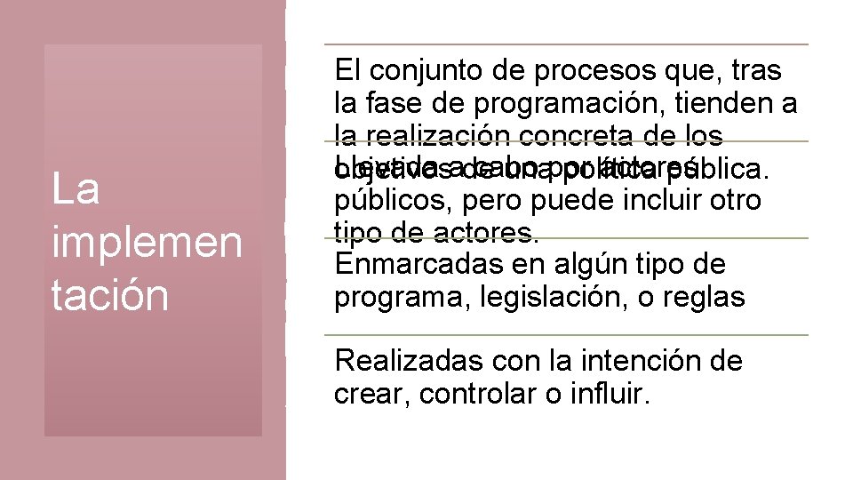 La implemen tación El conjunto de procesos que, tras la fase de programación, tienden