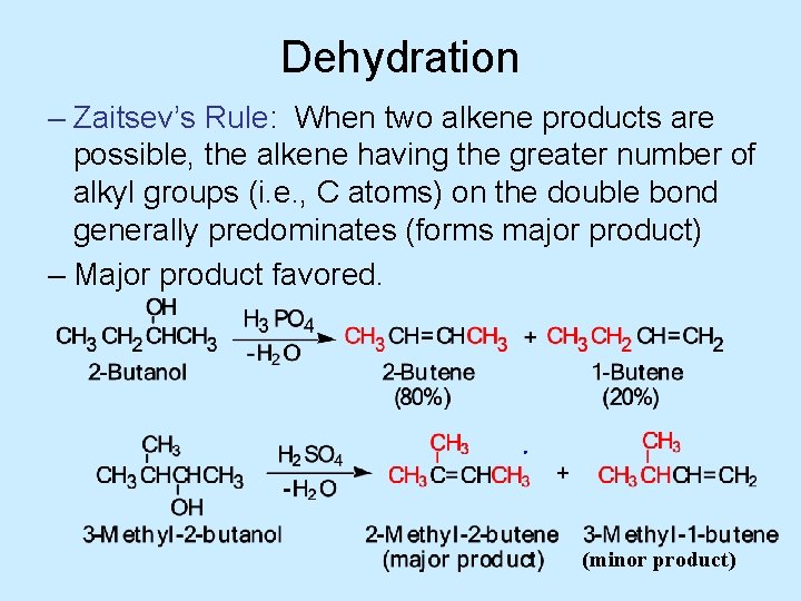 Dehydration – Zaitsev’s Rule: When two alkene products are possible, the alkene having the