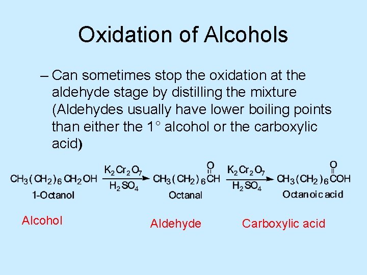 Oxidation of Alcohols – Can sometimes stop the oxidation at the aldehyde stage by