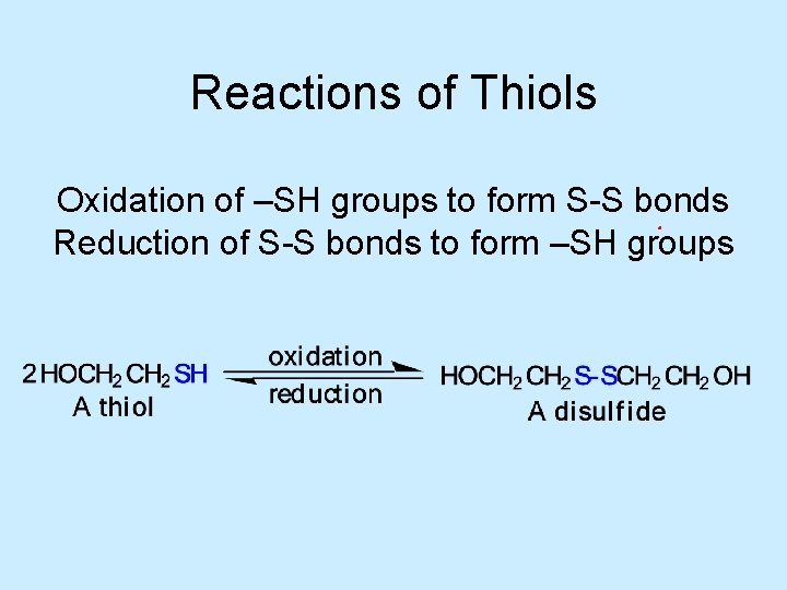 Reactions of Thiols Oxidation of –SH groups to form S-S bonds Reduction of S-S