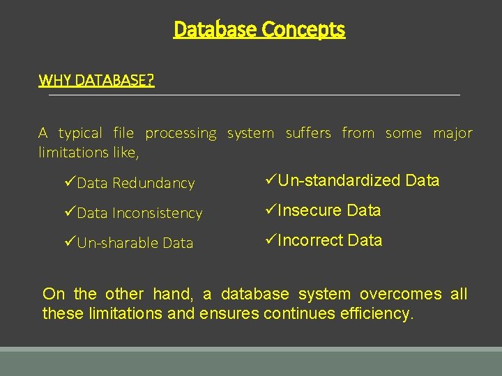 Database Concepts WHY DATABASE? A typical file processing system suffers from some major limitations