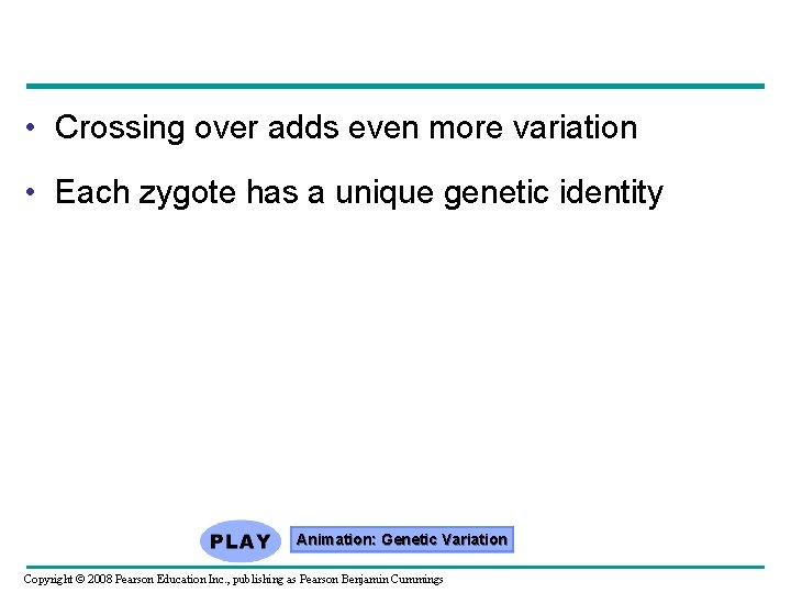  • Crossing over adds even more variation • Each zygote has a unique