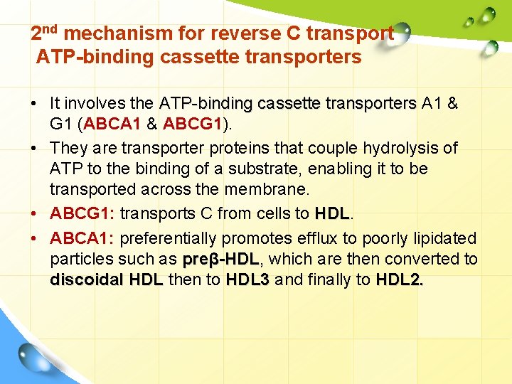 2 nd mechanism for reverse C transport ATP-binding cassette transporters • It involves the