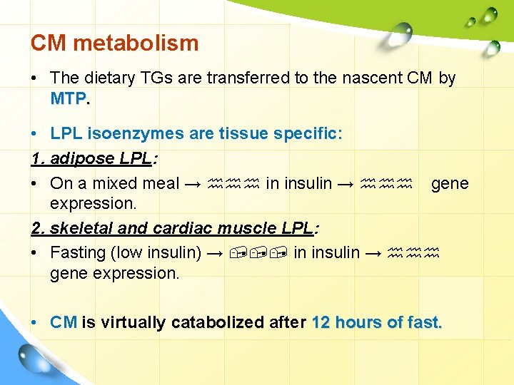 CM metabolism • The dietary TGs are transferred to the nascent CM by MTP.
