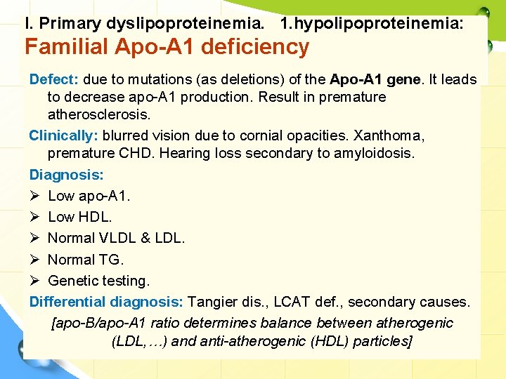 I. Primary dyslipoproteinemia. 1. hypolipoproteinemia: Familial Apo-A 1 deficiency Defect: due to mutations (as