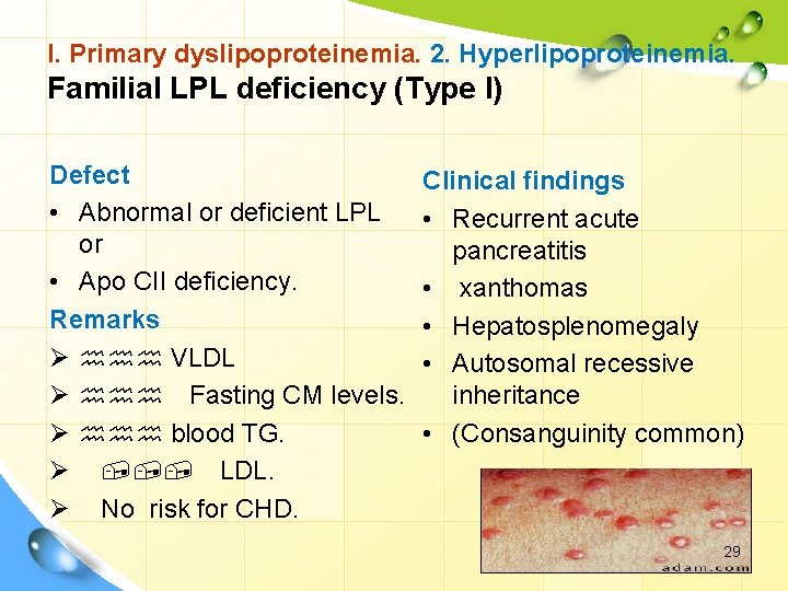 I. Primary dyslipoproteinemia. 2. Hyperlipoproteinemia. Familial LPL deficiency (Type I) Defect • Abnormal or