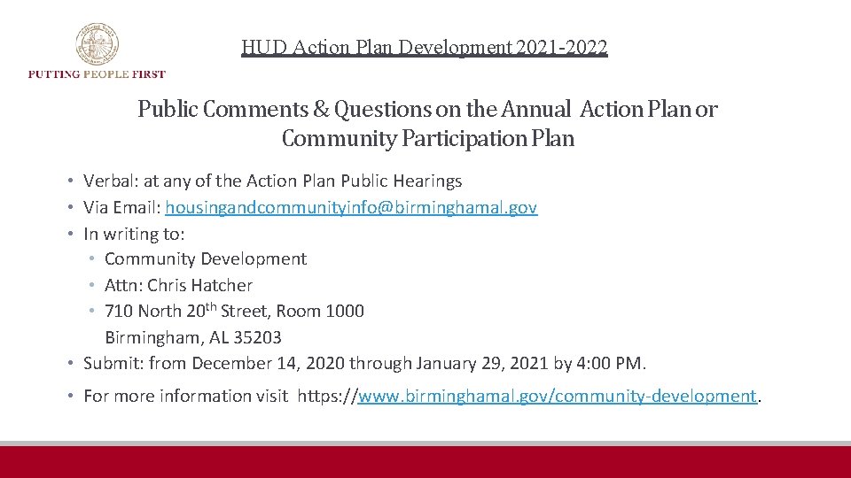 HUD Action Plan Development 2021 -2022 Public Comments & Questions on the Annual Action