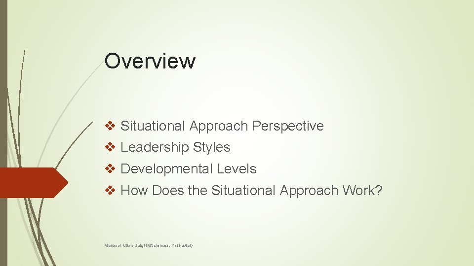 Overview v Situational Approach Perspective v Leadership Styles v Developmental Levels v How Does