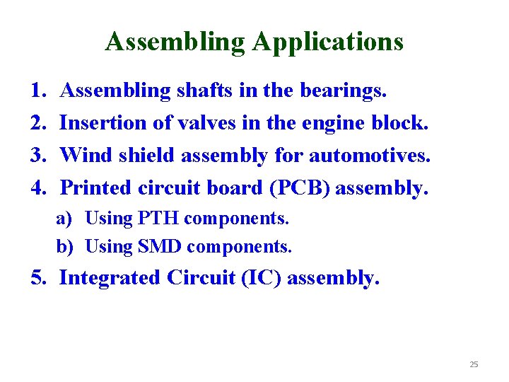 Assembling Applications 1. 2. 3. 4. Assembling shafts in the bearings. Insertion of valves