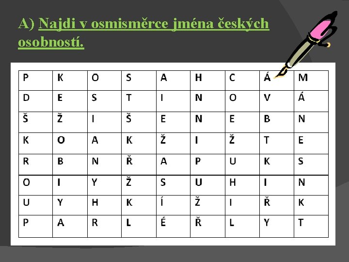 A) Najdi v osmisměrce jména českých osobností. 