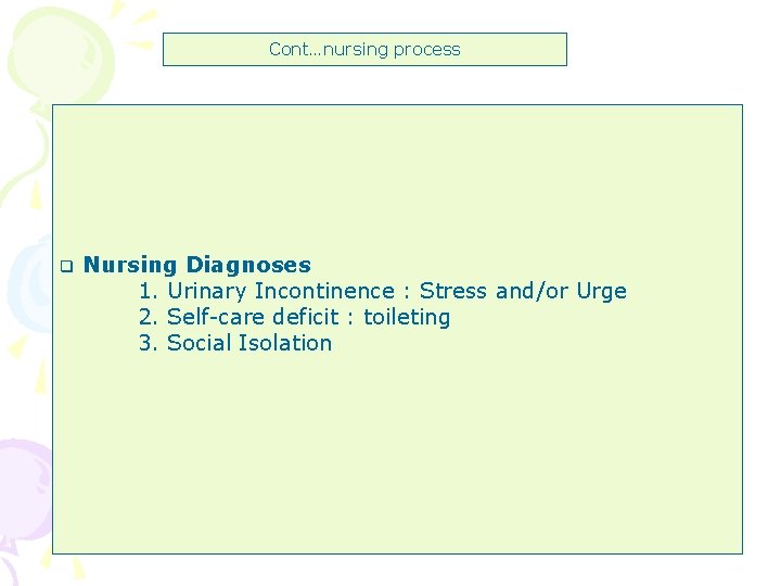 Cont…nursing process q Nursing Diagnoses 1. Urinary Incontinence : Stress and/or Urge 2. Self-care