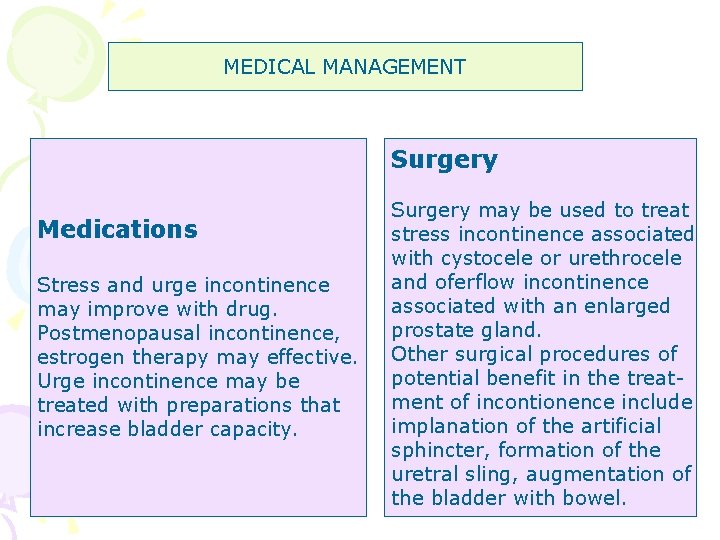 MEDICAL MANAGEMENT Surgery Medications Stress and urge incontinence may improve with drug. Postmenopausal incontinence,