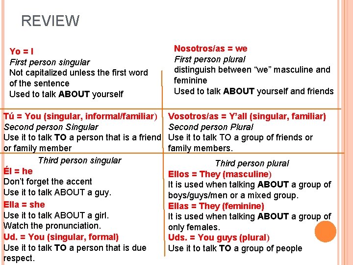 REVIEW Yo = I First person singular Not capitalized unless the first word of