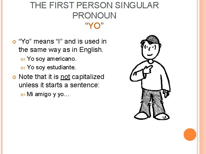 THE FIRST PERSON SINGULAR PRONOUN “YO” “Yo” means “I” and is used in the