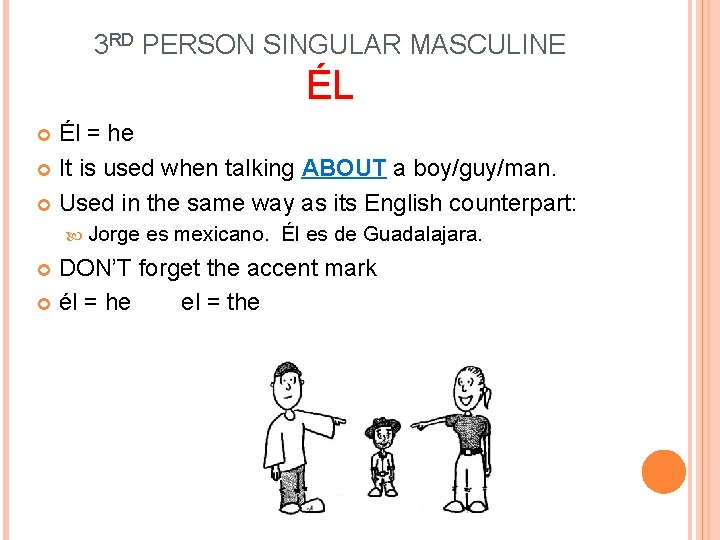 3 RD PERSON SINGULAR MASCULINE ÉL Él = he It is used when talking