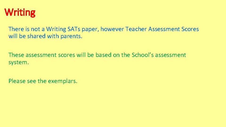 Writing There is not a Writing SATs paper, however Teacher Assessment Scores will be