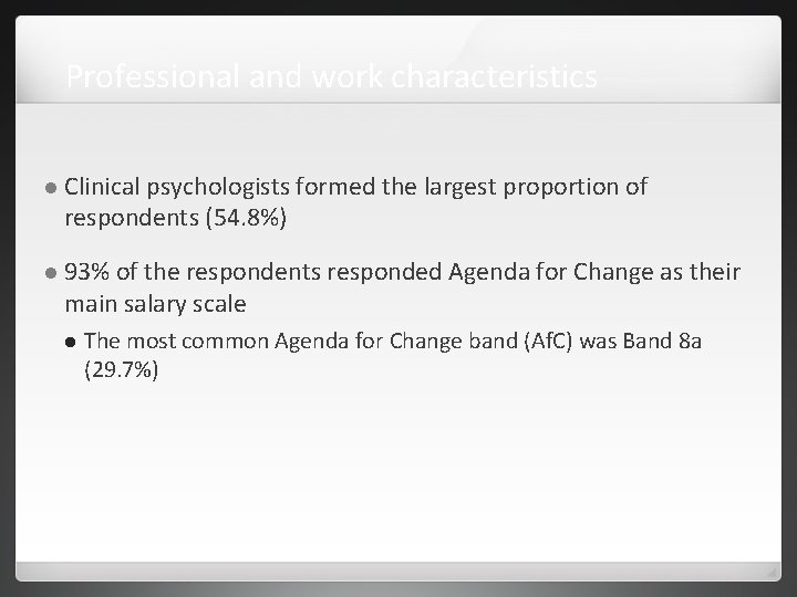 Professional and work characteristics Clinical psychologists formed the largest proportion of respondents (54. 8%)