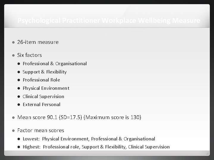 Psychological Practitioner Workplace Wellbeing Measure 26 -item measure Six factors Professional & Organisational Support