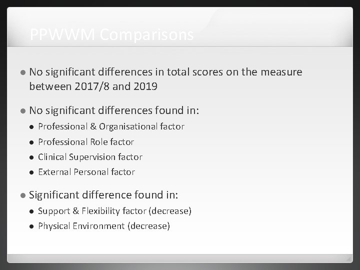PPWWM Comparisons No significant differences in total scores on the measure between 2017/8 and