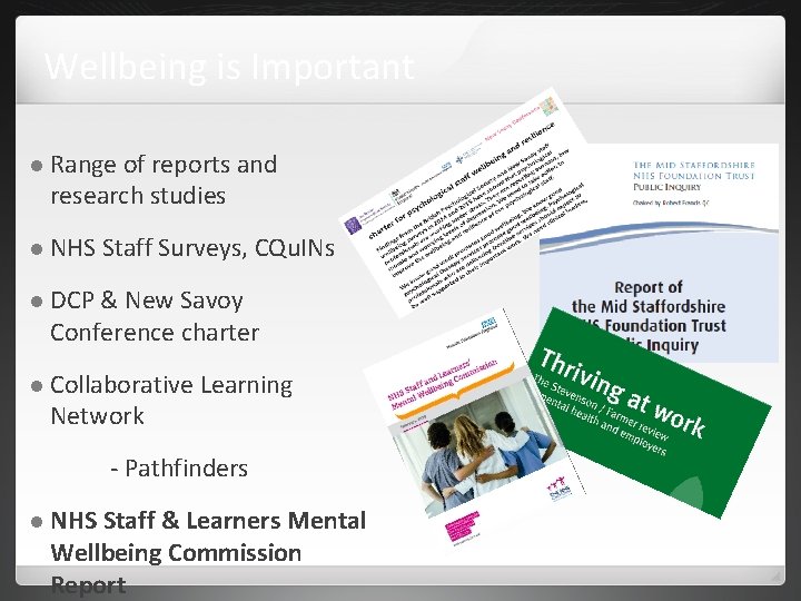 Wellbeing is Important Range of reports and research studies NHS Staff Surveys, CQu. INs