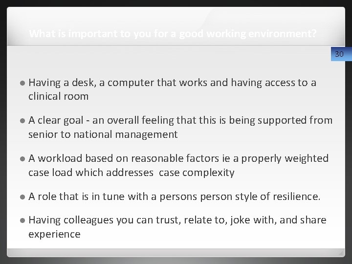 What is important to you for a good working environment? 30 Having a desk,