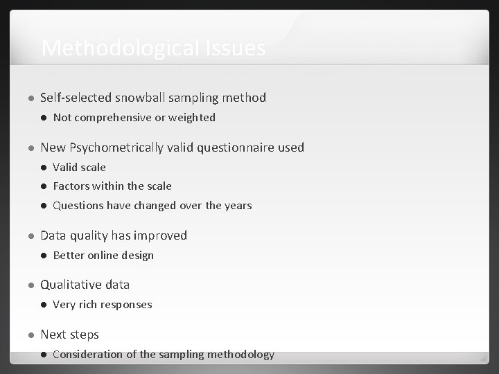 Methodological Issues Self-selected snowball sampling method New Psychometrically valid questionnaire used Valid scale Factors