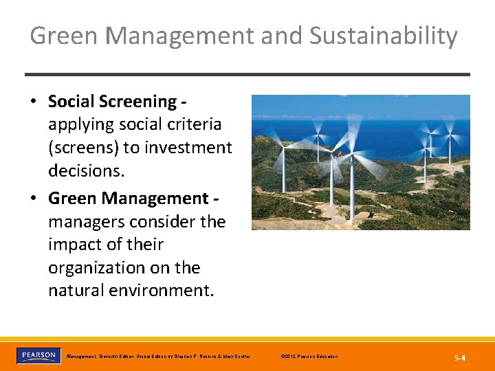 Green Management and Sustainability • Social Screening applying social criteria (screens) to investment decisions.