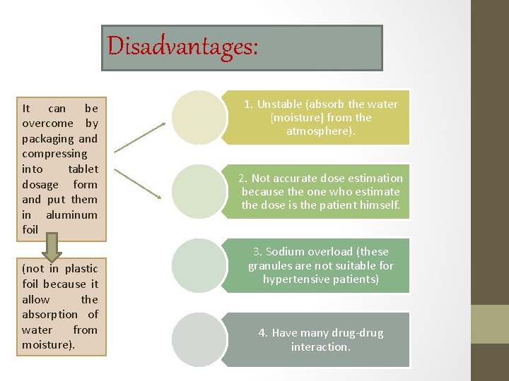 Disadvantages: It can be overcome by packaging and compressing into tablet dosage form and