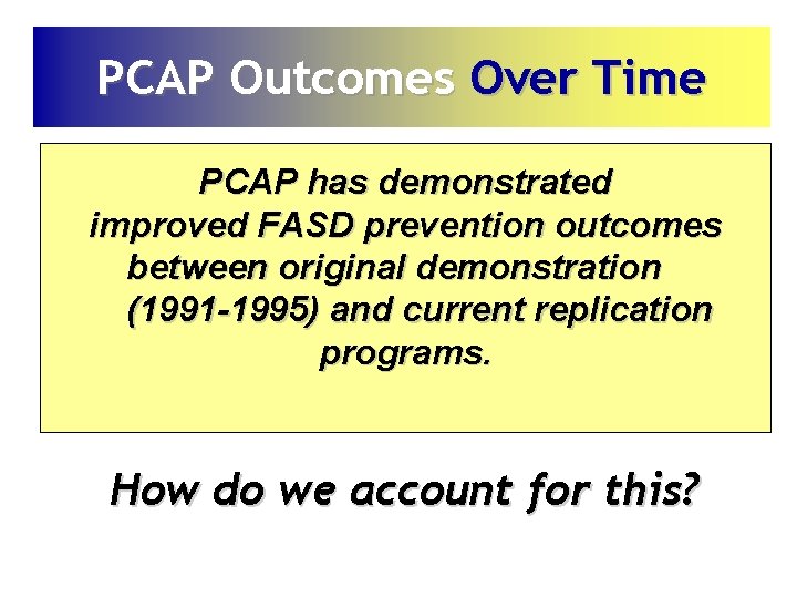 PCAP Outcomes Over Time PCAP has demonstrated improved FASD prevention outcomes between original demonstration