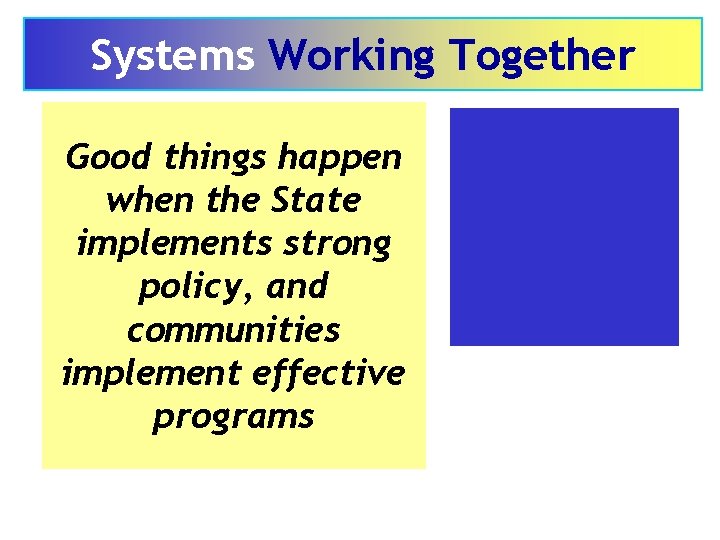 Systems Working Together Good things happen when the State implements strong policy, and communities