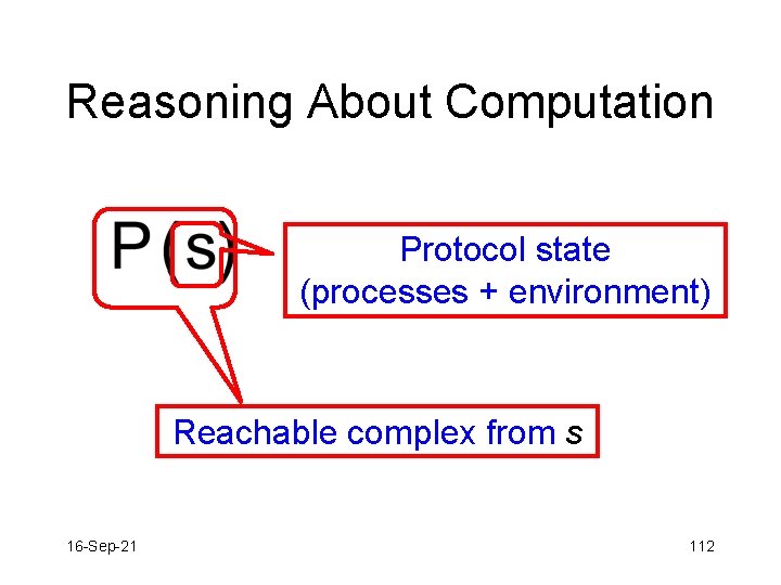 Reasoning About Computation Protocol state (processes + environment) Reachable complex from s 16 -Sep-21