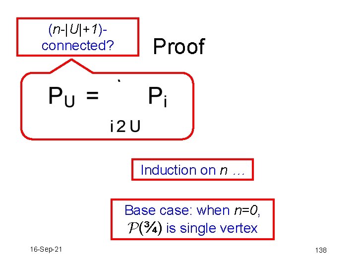 (n-|U|+1)connected? Proof Induction on n … Base case: when n=0, P(¾) is single vertex