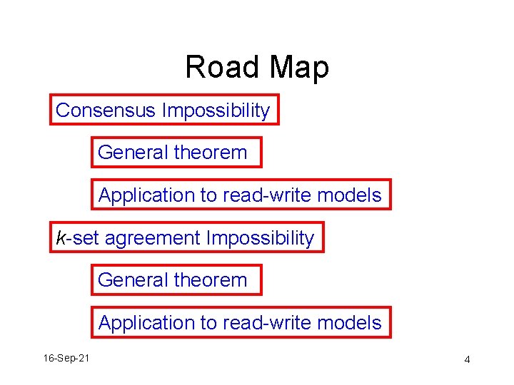 Road Map Consensus Impossibility General theorem Application to read-write models k-set agreement Impossibility General